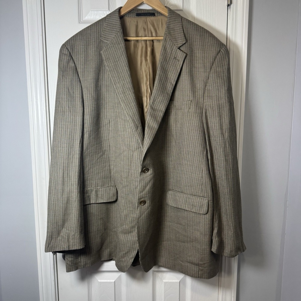 Chaps Silk Wool Blend‎ Brown Houndstooth Blazer Jacket Sport Suit Coat Mens 48 L